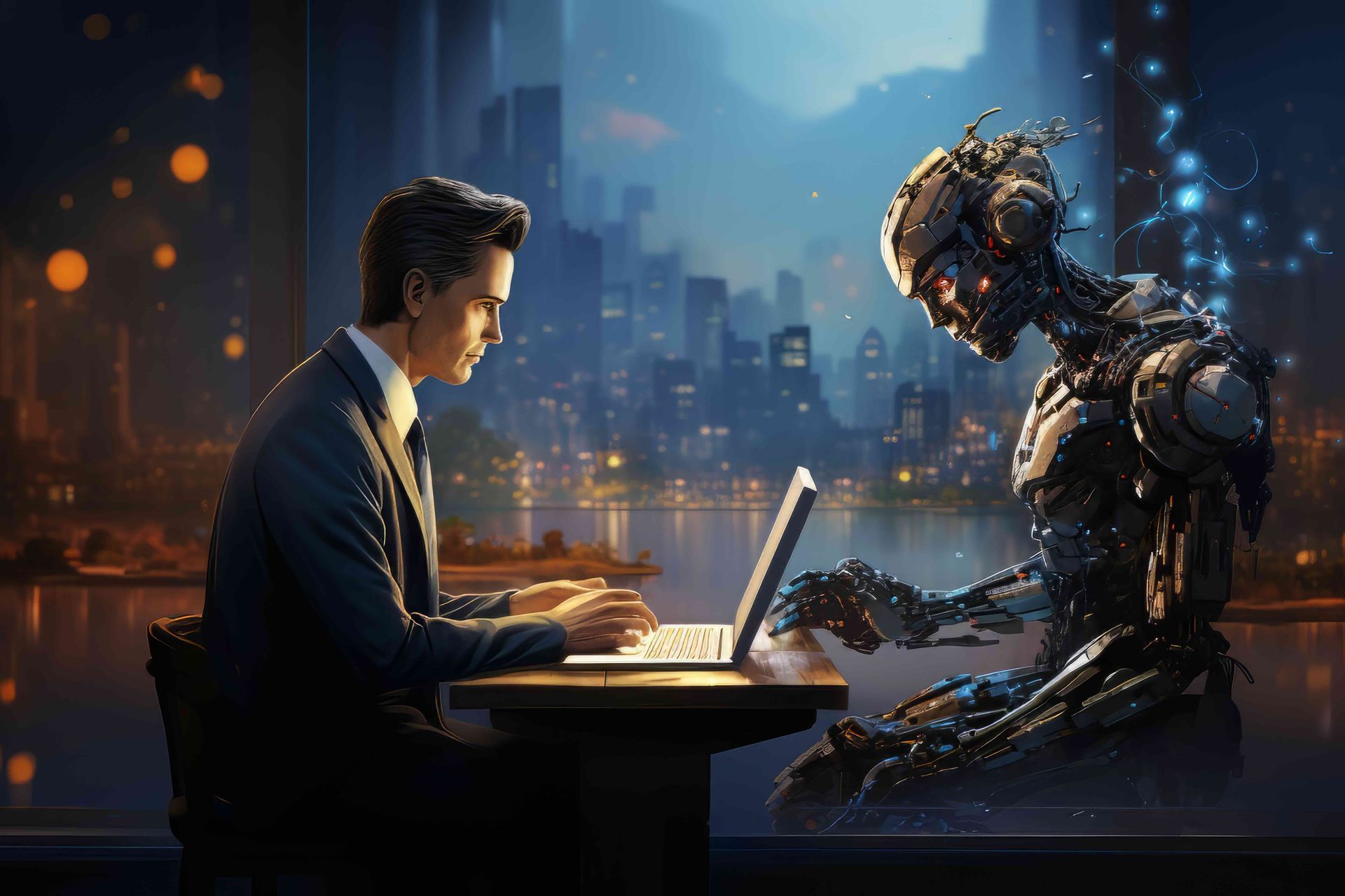 A man is sitting at a desk with a laptop and a robot is sitting next to him.