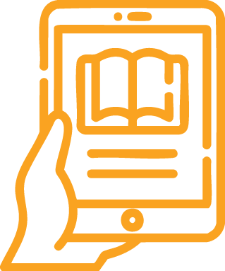 A drawing of a hand holding a tablet reading an ebook.