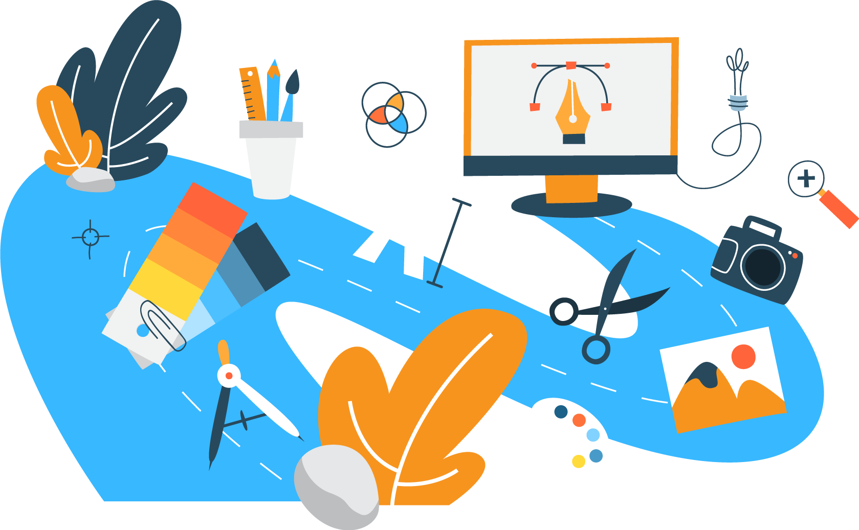 An illustration of a desk with a computer, pencils, scissors, and a camera.