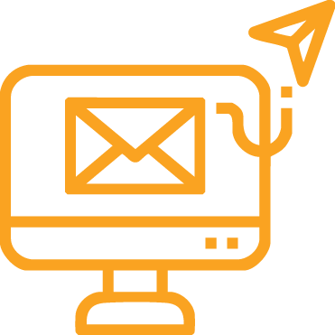 A drawing of a paper airplane flying from a computer screen with an envelope icon on it.