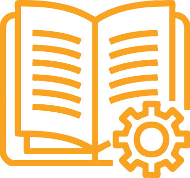 a gear icon a top of a drawing of a book.