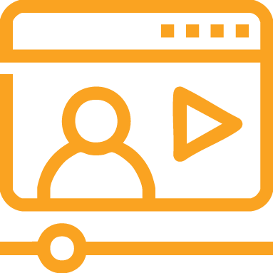 A icon of a computer screen with a person and a play button on it.