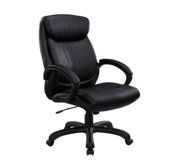 Black office chair with curved arms, adjustable height, and a cushioned back and seat.