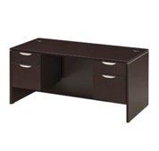Dark brown office desk with two sets of drawers and a large open space in the middle.