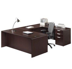 Dark brown U-shaped office desk with a chair, lamp, printer, and file cabinet.
