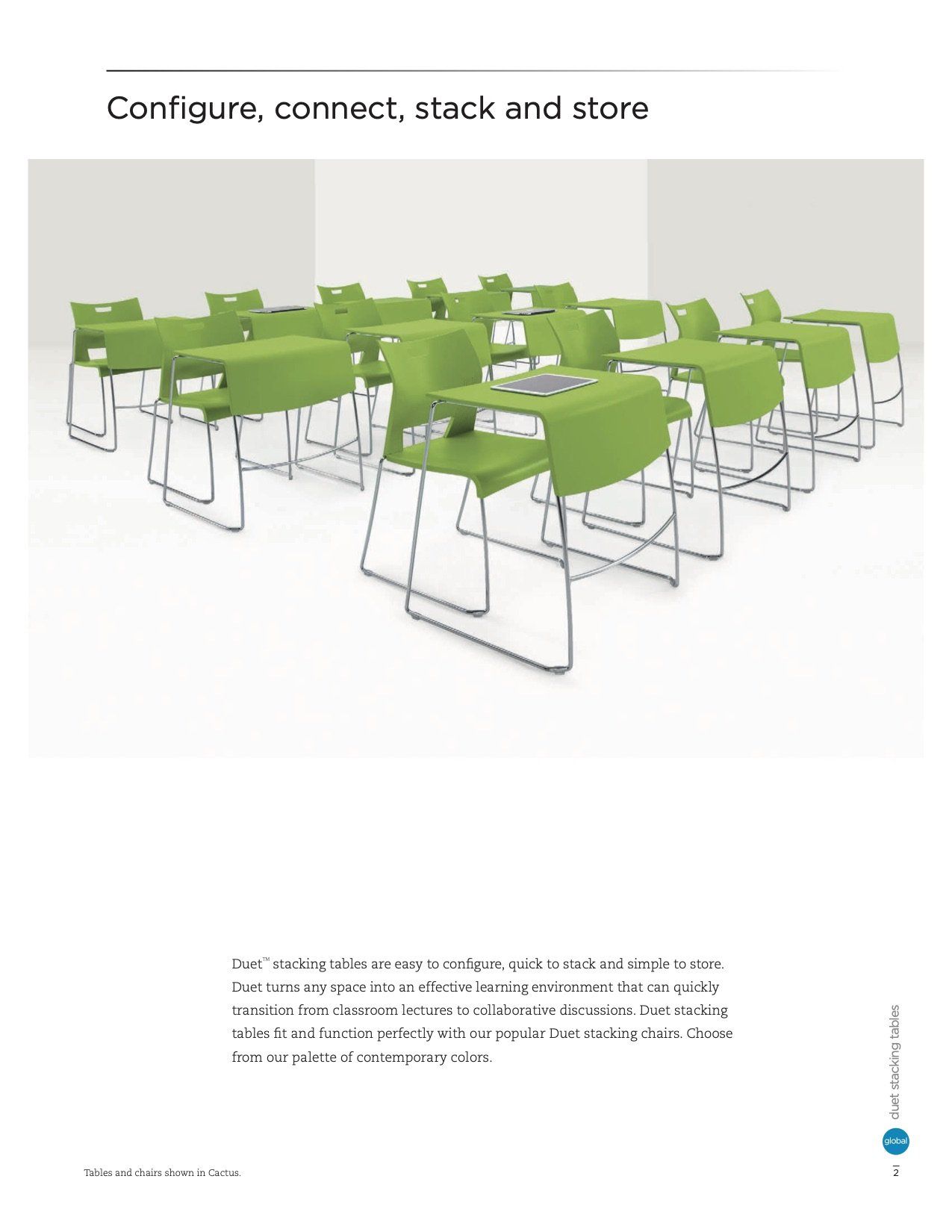 Green chairs with attached desks configured for a classroom setting, designed for stacking and storing.