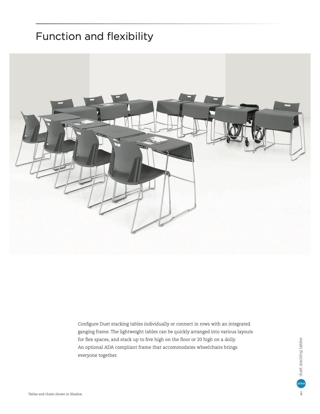 Meeting room with gray tables and chairs; flexible arrangement for various seating needs.