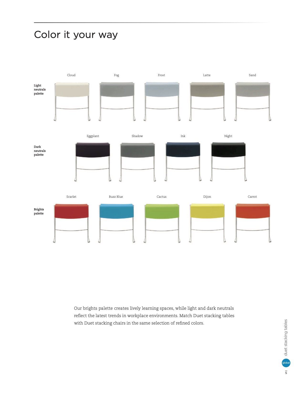 Chairs in various colors: beige, gray, blue, black, red, and others. Color swatches for customization.