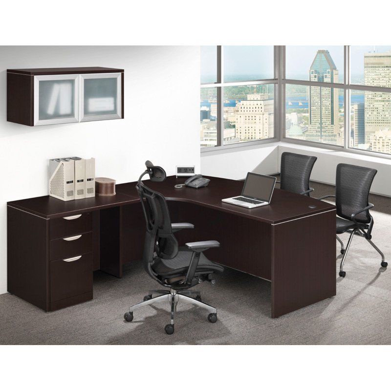 Dark brown office with desk, chairs, and overhead storage against a window overlooking a cityscape.