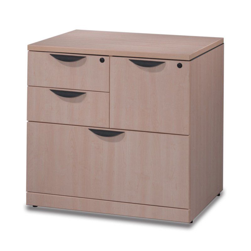 Light woodgrain office cabinet with three drawers and a door; black handles.