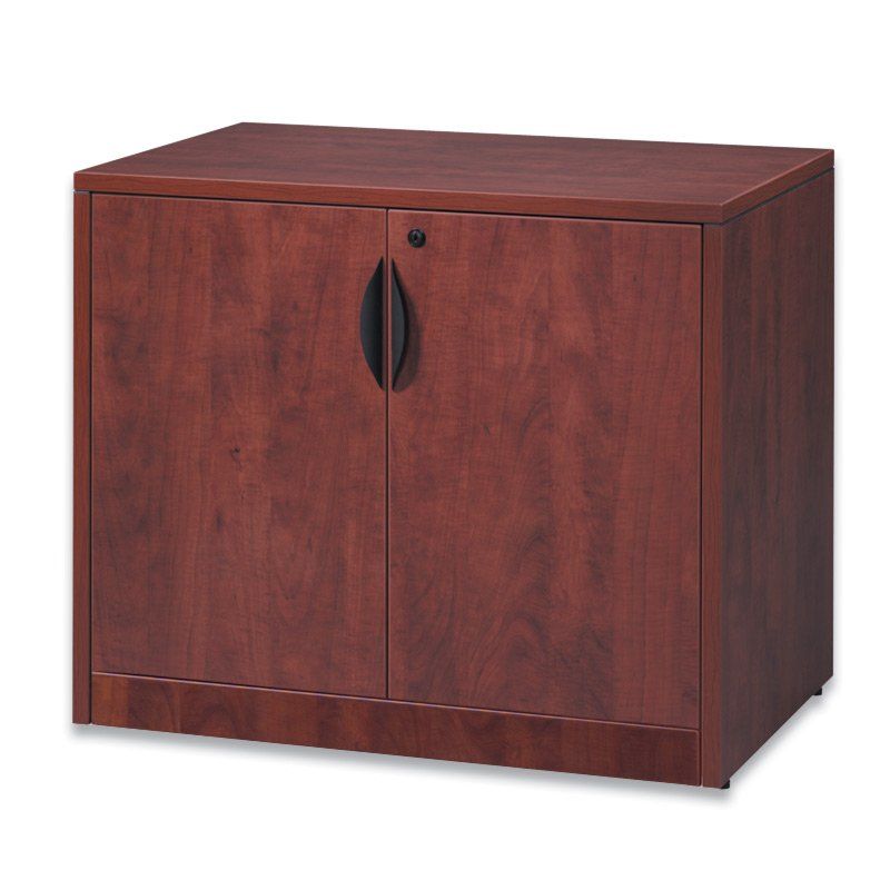A cherry-finished wooden storage cabinet with two doors and a black handle.