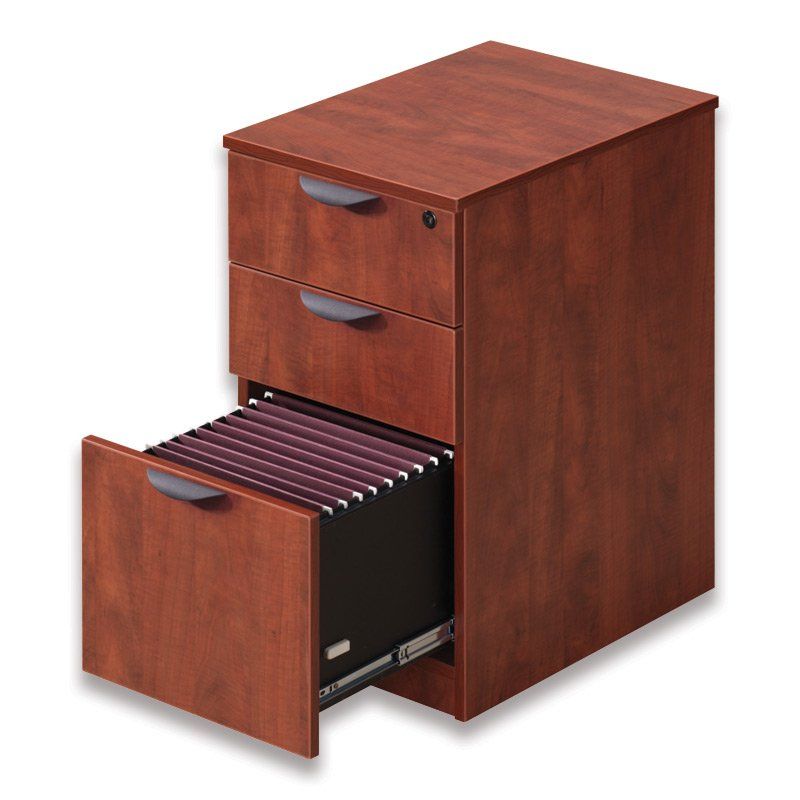 Wooden three-drawer file cabinet; bottom drawer open revealing file folders.