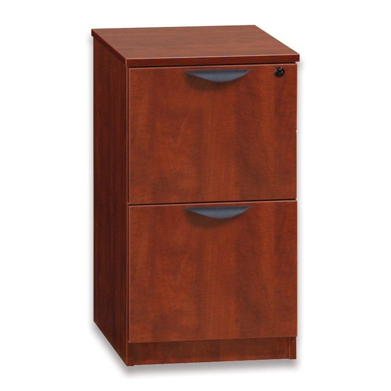 Cherry wood 2-drawer vertical filing cabinet with dark handles and lock, standing alone.