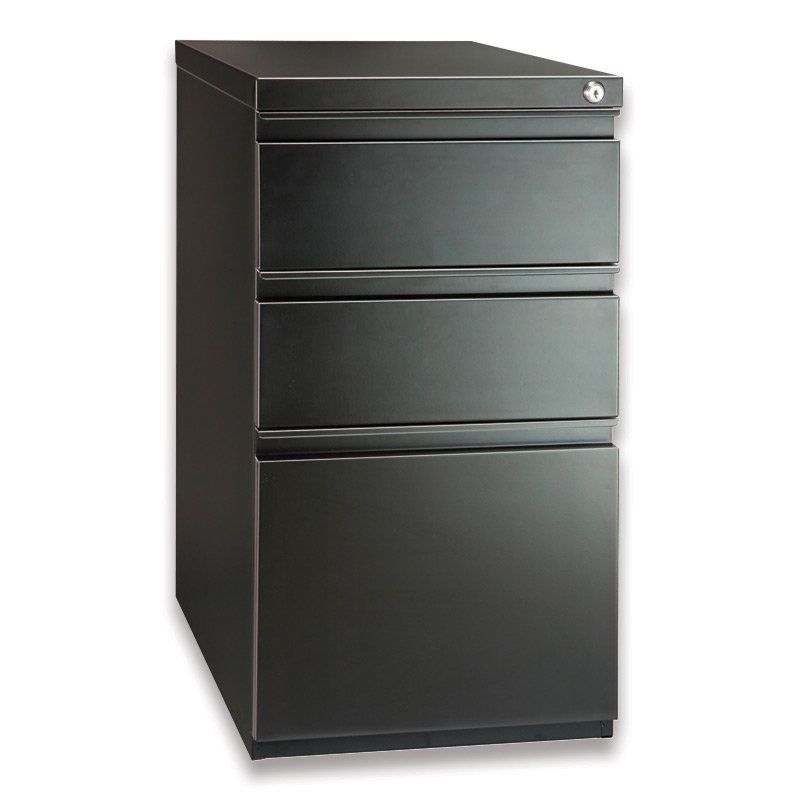 Black three-drawer metal filing cabinet with lock.