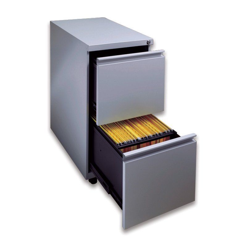 Gray two-drawer filing cabinet with bottom drawer open, containing file folders.