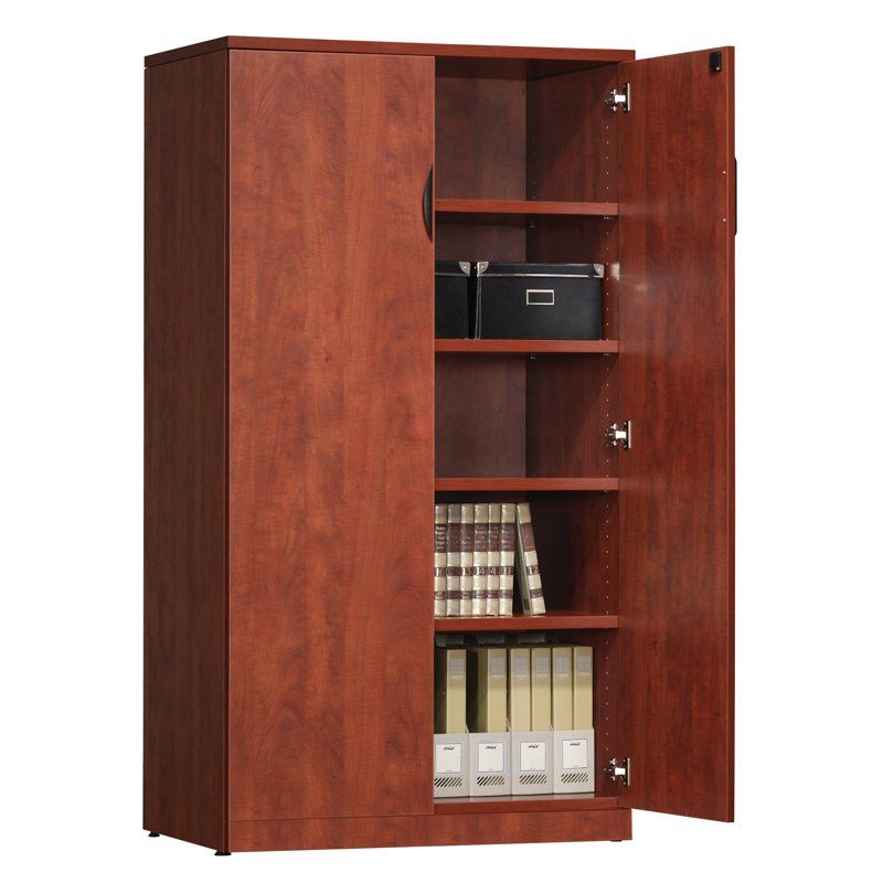 Wooden office storage cabinet with open door, displaying shelves with storage boxes, books, and files.