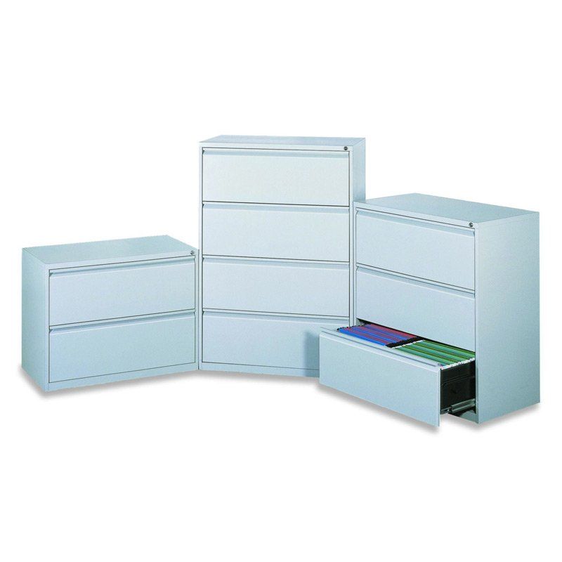 Three light blue metal file cabinets; one drawer open, files visible.
