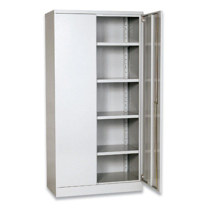 White metal storage cabinet, one door open, revealing adjustable shelves.