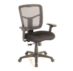 Black mesh-back office chair with adjustable arms and seat on a wheeled base.