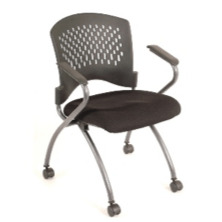 Black office chair with a perforated back, armrests, and wheels on a white background.