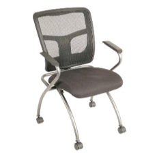 Gray mesh back office chair with curved metal legs, black seat, and arms, on a white background.