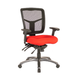 Ergonomic office chair, black mesh back, red seat, adjustable arms, on a silver base.