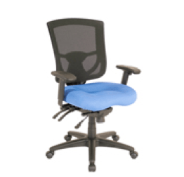 Blue and black ergonomic office chair with mesh back and adjustable armrests.