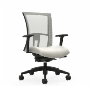 Gray mesh-backed office chair with white seat and black base and armrests.