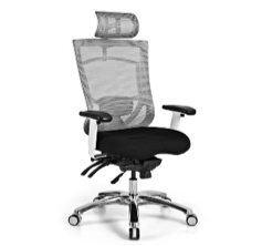 Ergonomic office chair with mesh back and headrest; black seat, chrome base, and white arm supports.