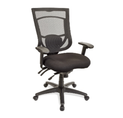 Black mesh office chair with adjustable arms and lumbar support.