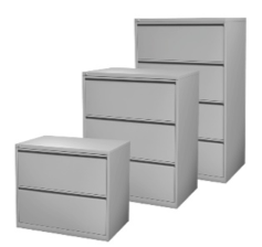 Three gray metal file cabinets of varying sizes.