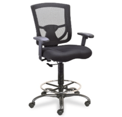 Black mesh back drafting chair with footrest and padded seat.