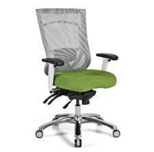 Green and white mesh ergonomic office chair.