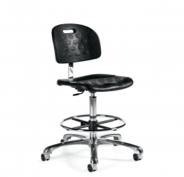 Black and chrome laboratory stool with a back, footrest, and wheels.