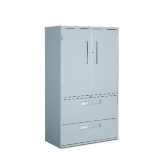 Gray electrical enclosure cabinet with two doors and a drawer.