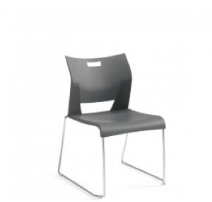 Dark gray stackable chair with a cutout in the backrest and a silver metal frame.