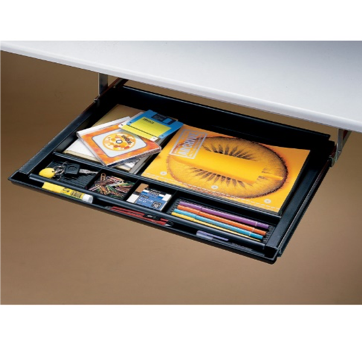 Black under-desk storage tray with supplies and papers; attached to a white desk.