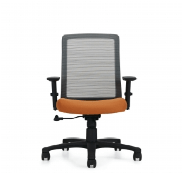 Office chair with black frame, orange seat, gray mesh back, black armrests.