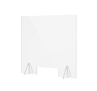Clear acrylic desk shield with two angled feet for support. Has a cutout at the bottom.