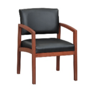 Black leather chair with wooden frame and arms.