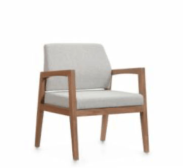 Wooden armchair with gray cushion and back, on a white background.