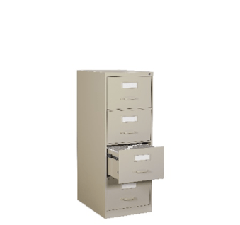 A beige vertical filing cabinet with four drawers; one drawer is open.