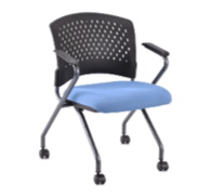 Blue-seated, black-backed rolling office chair with armrests, on a white background.