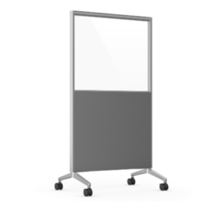Rolling room divider with a gray bottom panel, clear top panel, and silver frame.