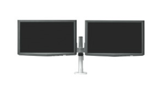 Two computer monitors on a stand. Screens are dark. White pole and base.