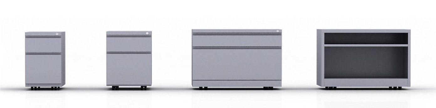 Four gray office storage cabinets on a white background, varying in size and configuration.