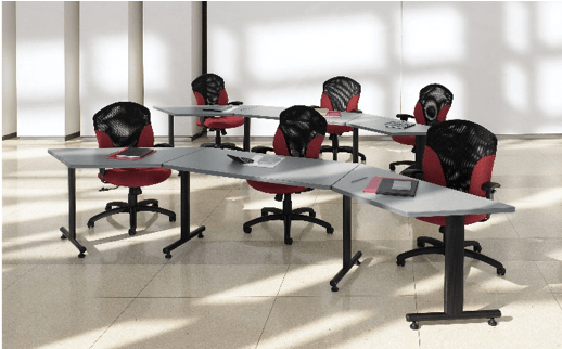 Conference room with six red chairs and gray tables.