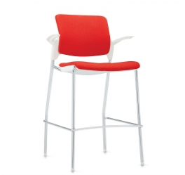 Bar-height chair with a red seat and back, white arms, and a chrome frame.