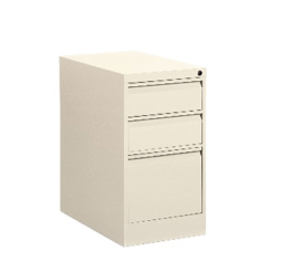 Beige metal three-drawer file cabinet.