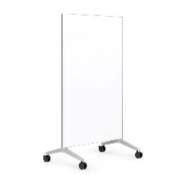 Clear mobile office partition with silver frame and black wheels.